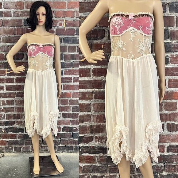 Free People Sleeveless Slip Dress Womens Size Small Sheer Lace Boho Pink Floral - Picture 1 of 10